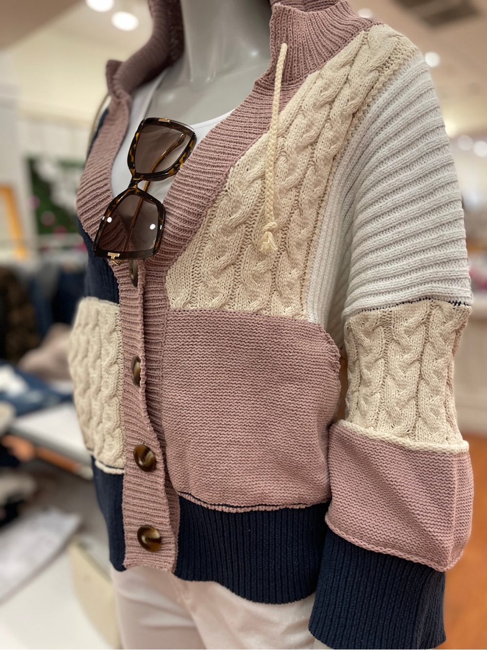 POL Patchwork Cable-Knit Cardigan Sweater - Pink & Cream